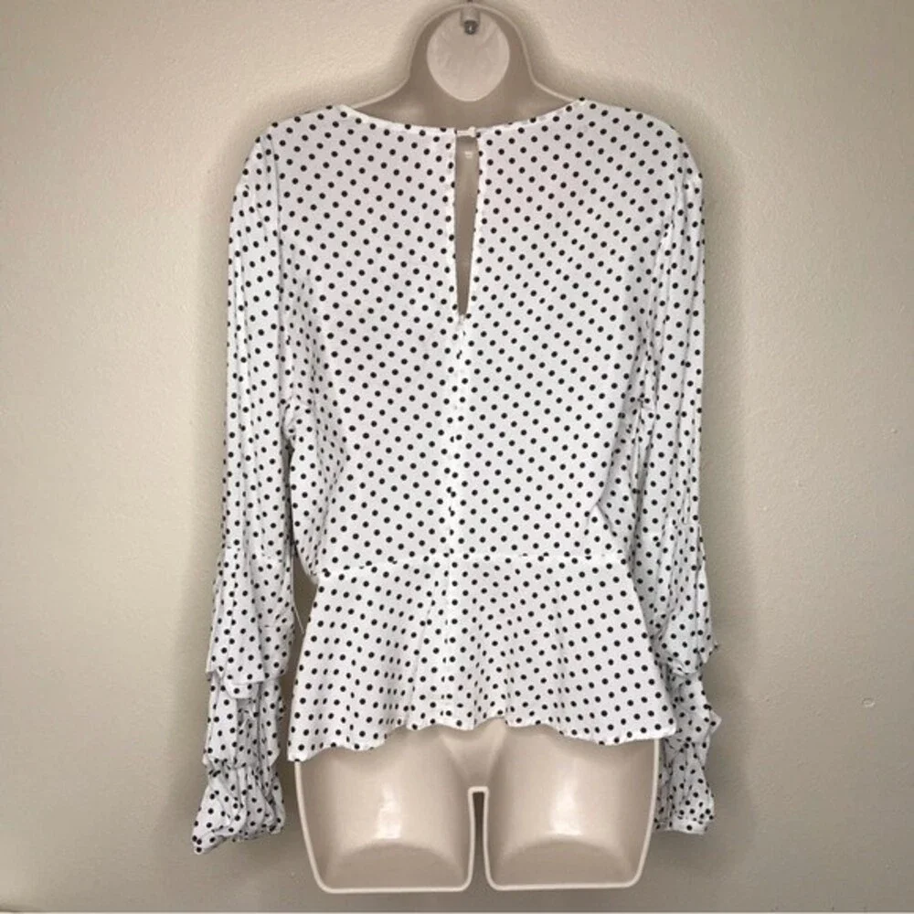 NWT Astr White Black Polka Dot Surplice Neck Gather Puff Long Sleeve Women Large